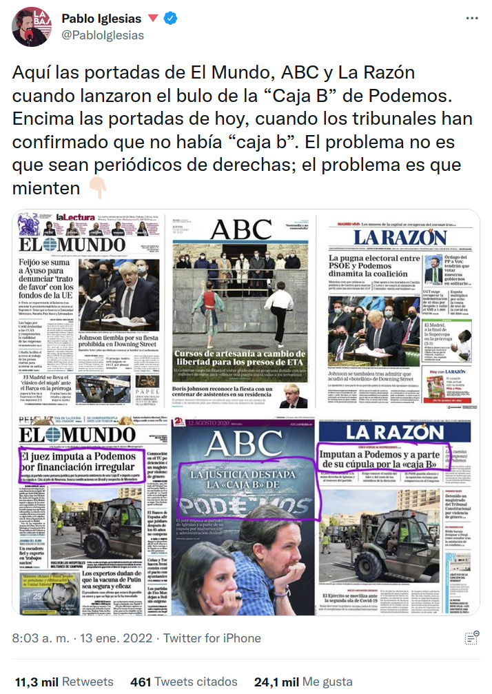 Tweet by Pablo Iglesias about the front pages that
published the illegal funding scandal of his party Podemos in 2020,
when he was vice-president, and when it was announced that. 2022-
01-13
https://twitter.com/PabloIglesias/status/1481522183285452802