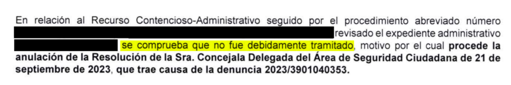 Extracto del documento del Ayuntamiento donde se dice que el expediente administrativo de la multa no fue debidamente tramitado.