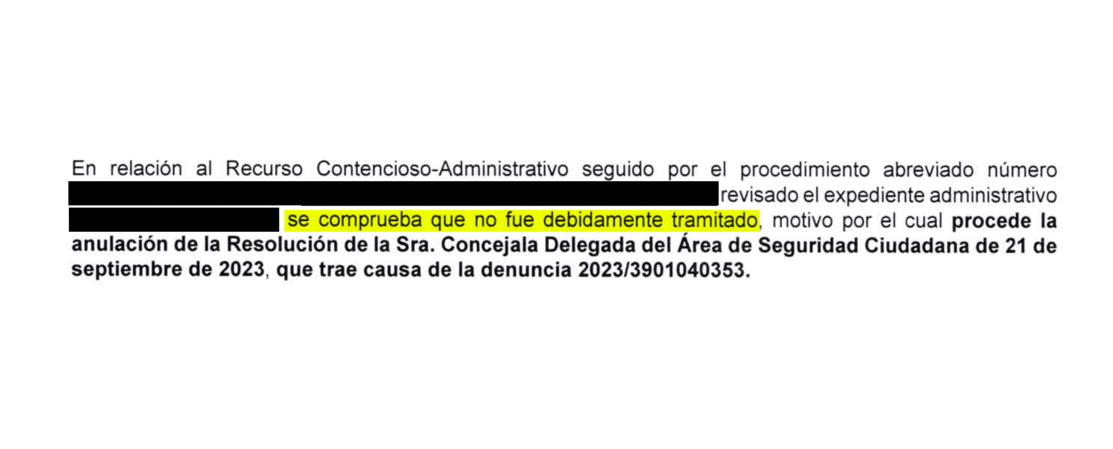 Extracto del documento del Ayuntamiento donde se dice que el expediente administrativo de la multa no fue debidamente tramitado.